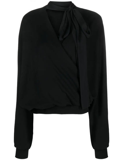 Attached-Scarf Wrap Blouse