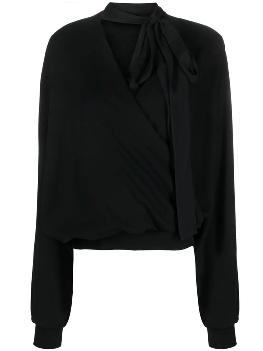 Attached-Scarf Wrap Blouse
