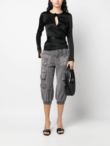 Floral-Appliqué Wraparound Blouse