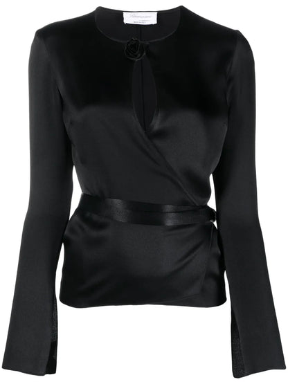 Floral-Appliqué Wraparound Blouse