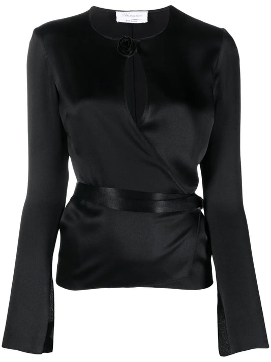 Floral-Appliqué Wraparound Blouse