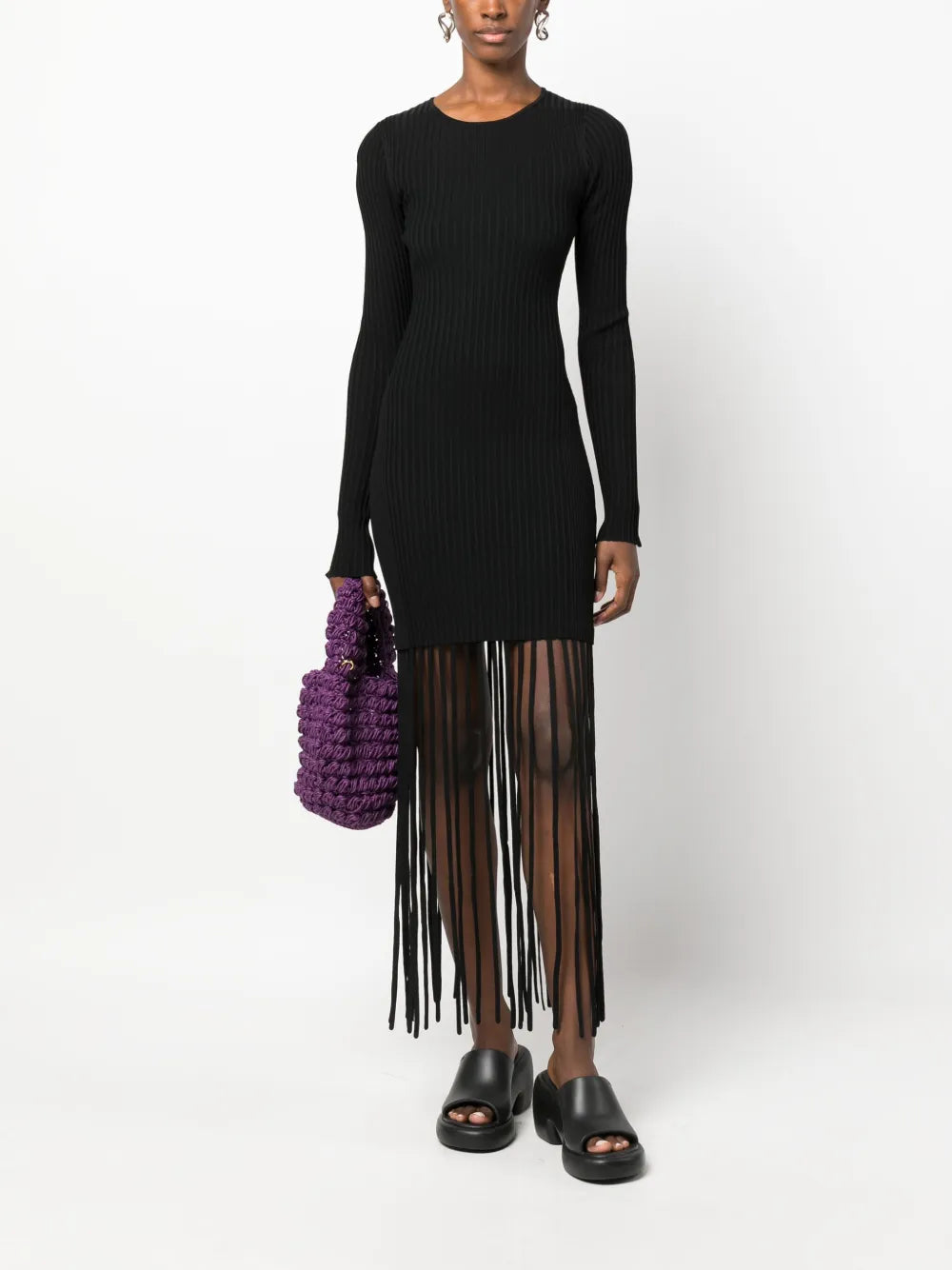 Fringed Ribbed-Knit Minidress