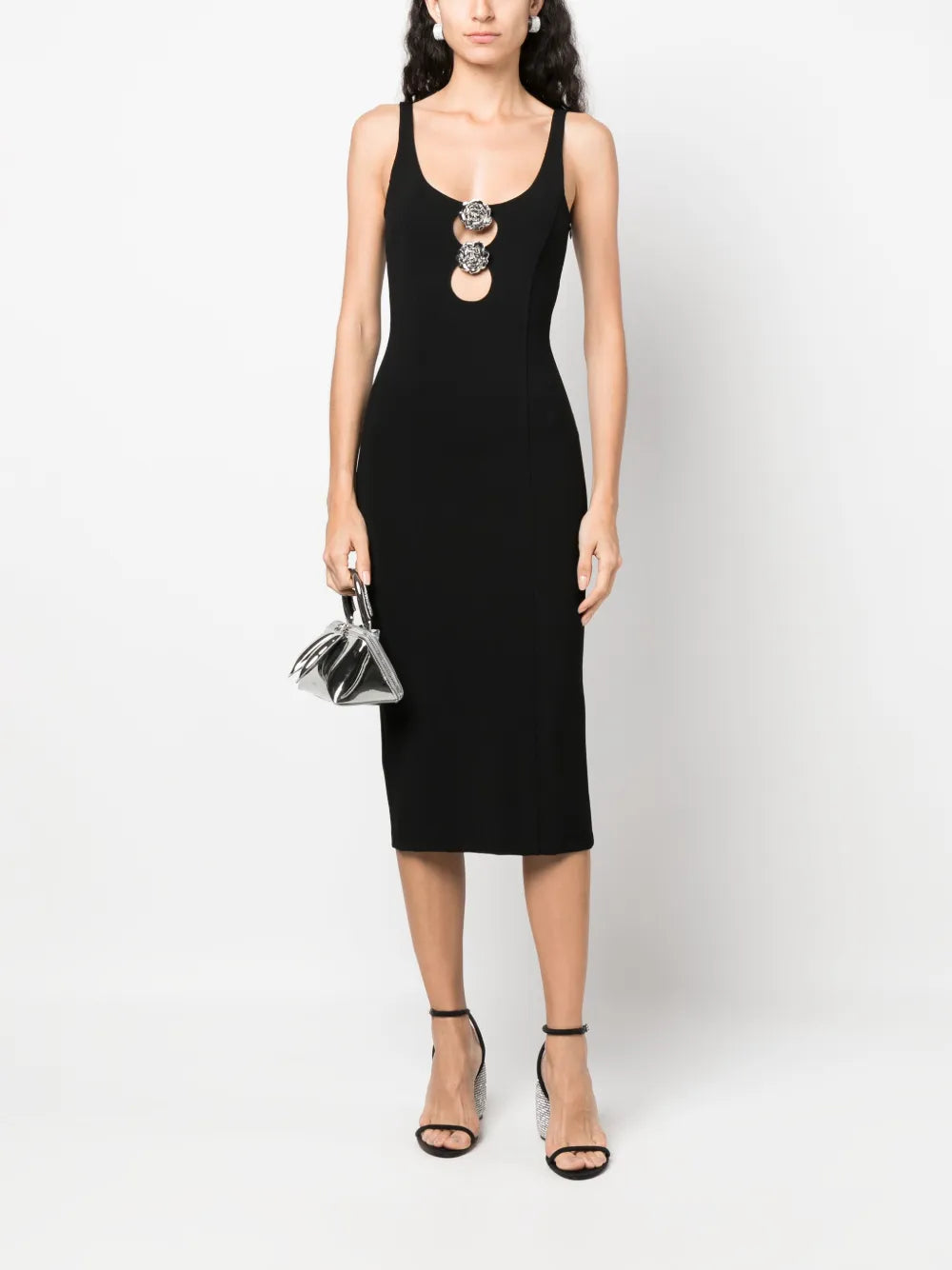 Metallic Floral-Appliqué Midi Dress