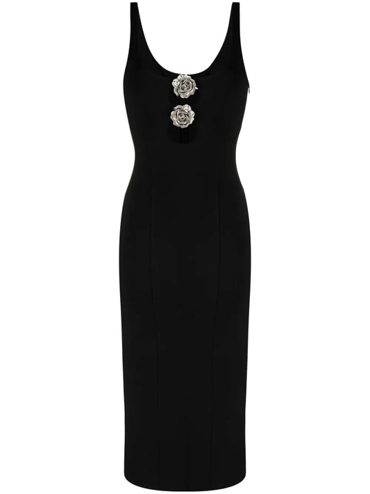 Metallic Floral-Appliqué Midi Dress