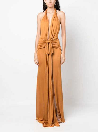Plunging V-Neck Draped Gown