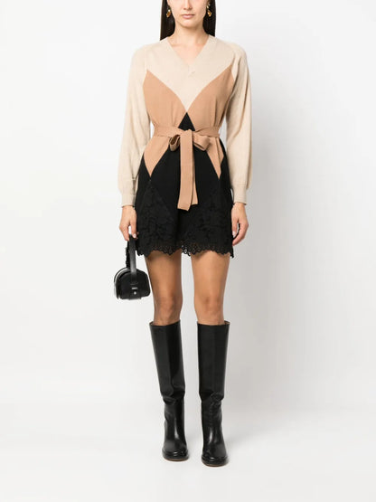 Lace-Panel Argyle-Knit Belted Minidress