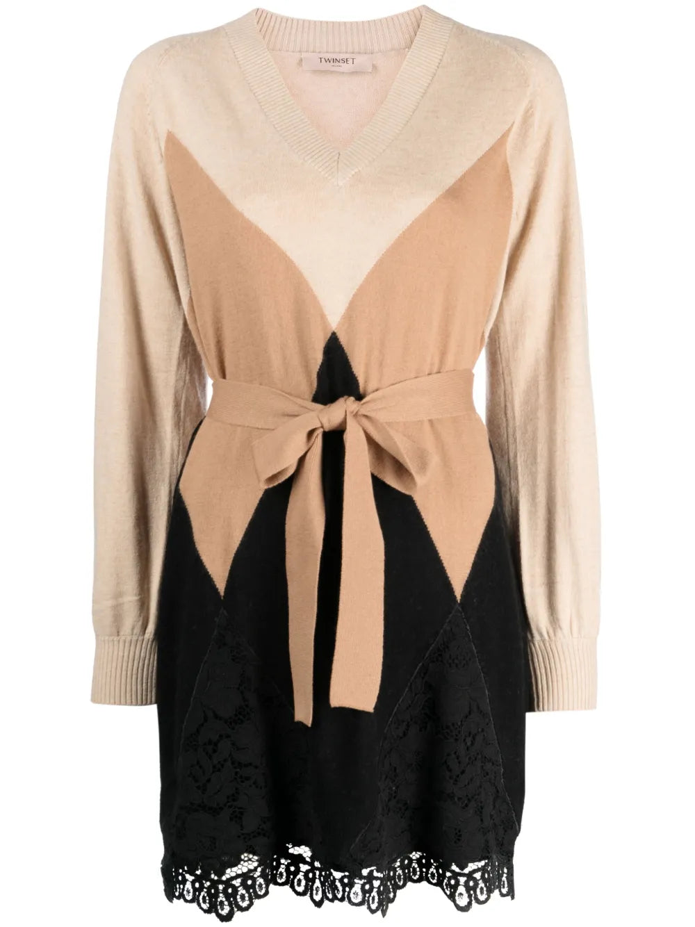 Lace-Panel Argyle-Knit Belted Minidress