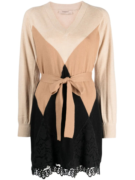 Lace-Panel Argyle-Knit Belted Minidress