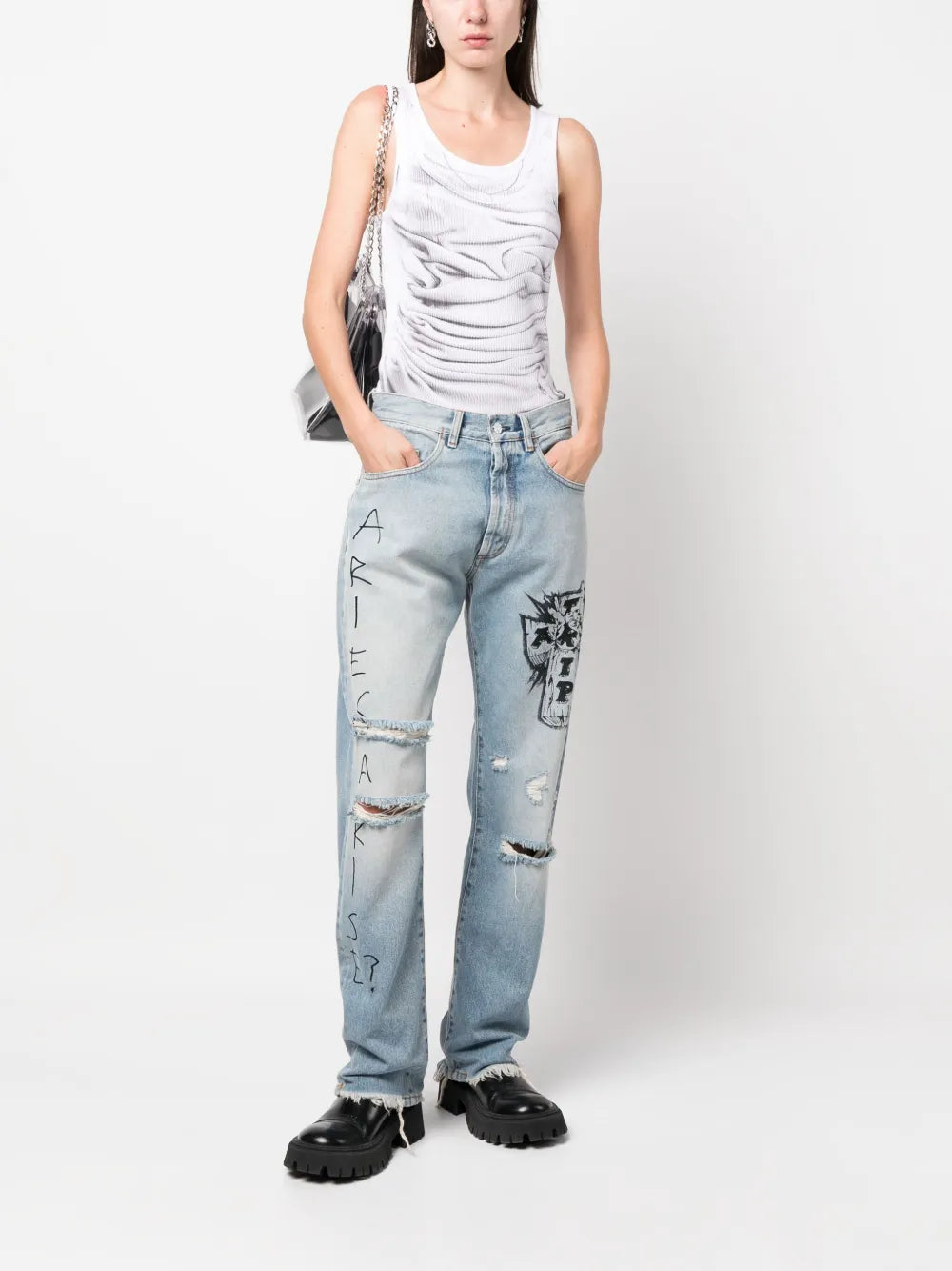 Distressed-Effect Wide-Leg Jeans
