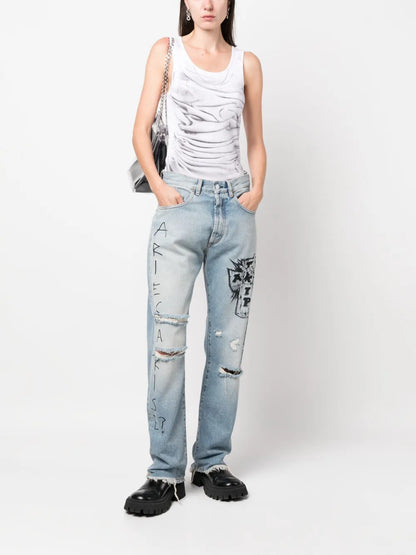 Distressed-Effect Wide-Leg Jeans