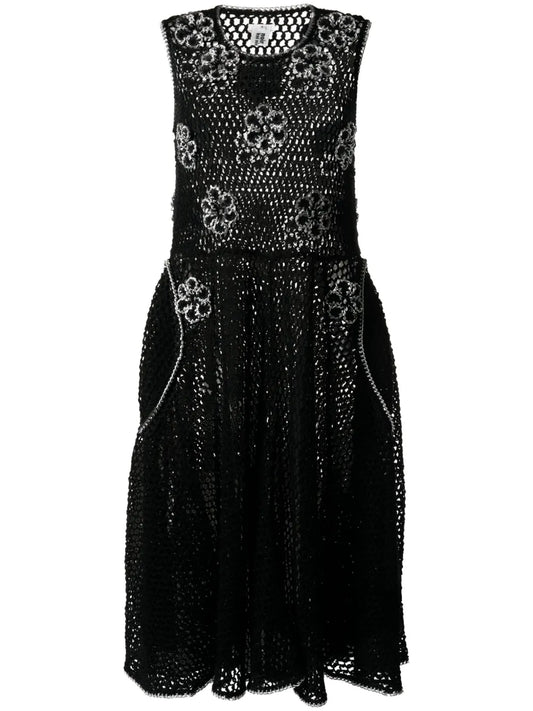 Floral-Appliqué Knitted Midi Dress