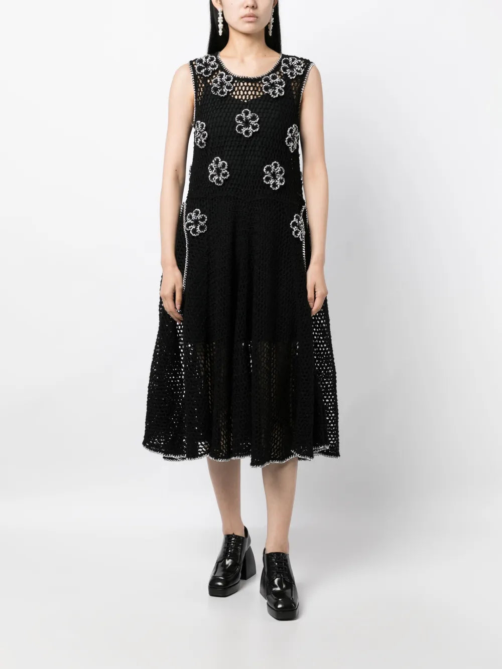 Floral-Appliqué Knitted Midi Dress