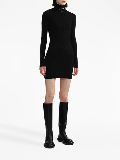 Ring-Embellished Ribbed Knit Mini Dress