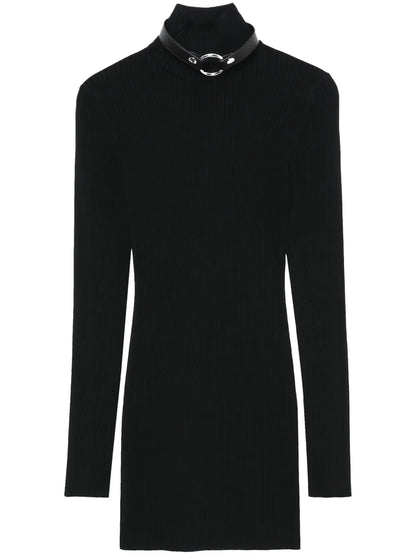 Ring-Embellished Ribbed Knit Mini Dress