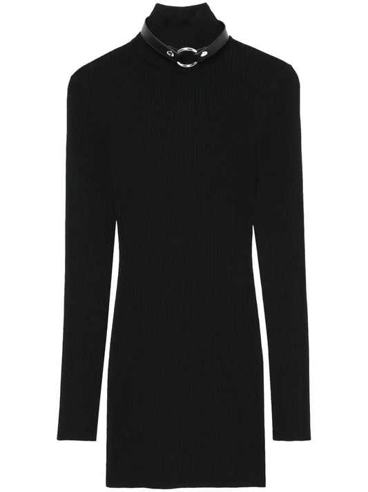 Ring-Embellished Ribbed Knit Mini Dress