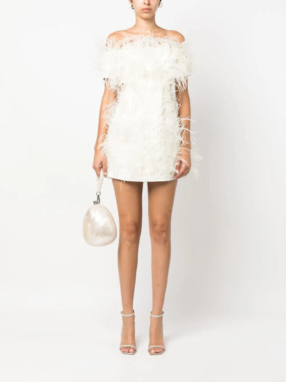 Feather-Detailing Off-Shoulder Dress