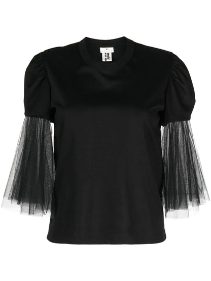 Tulle-Sleeves Cotton T-Shirt
