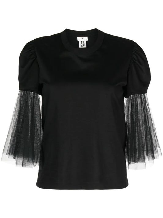 Tulle-Sleeves Cotton T-Shirt