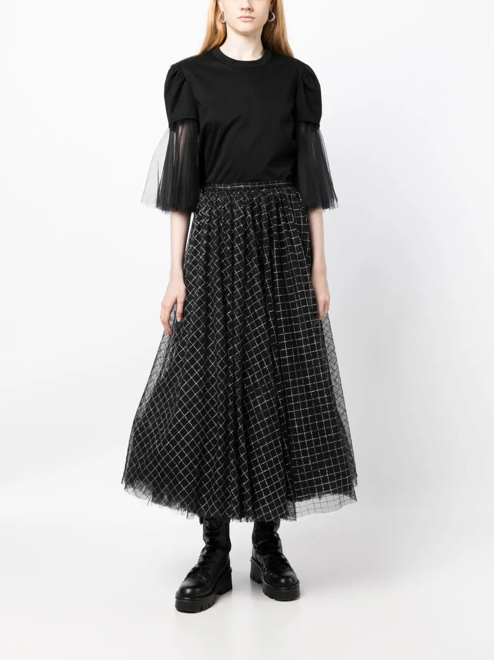 Tulle-Sleeves Cotton T-Shirt