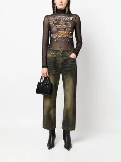 Logo-Patch Faded-Effect Cropped Jeans