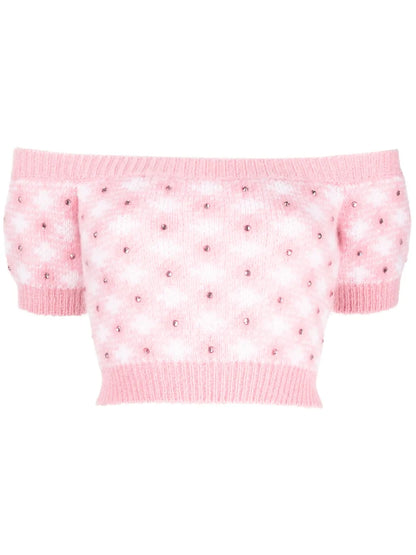 Vichy-Print Knitted Top