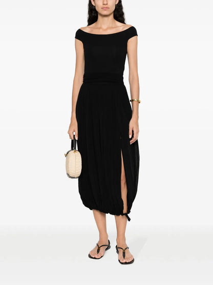 Pleated Puffball Midi Skirt