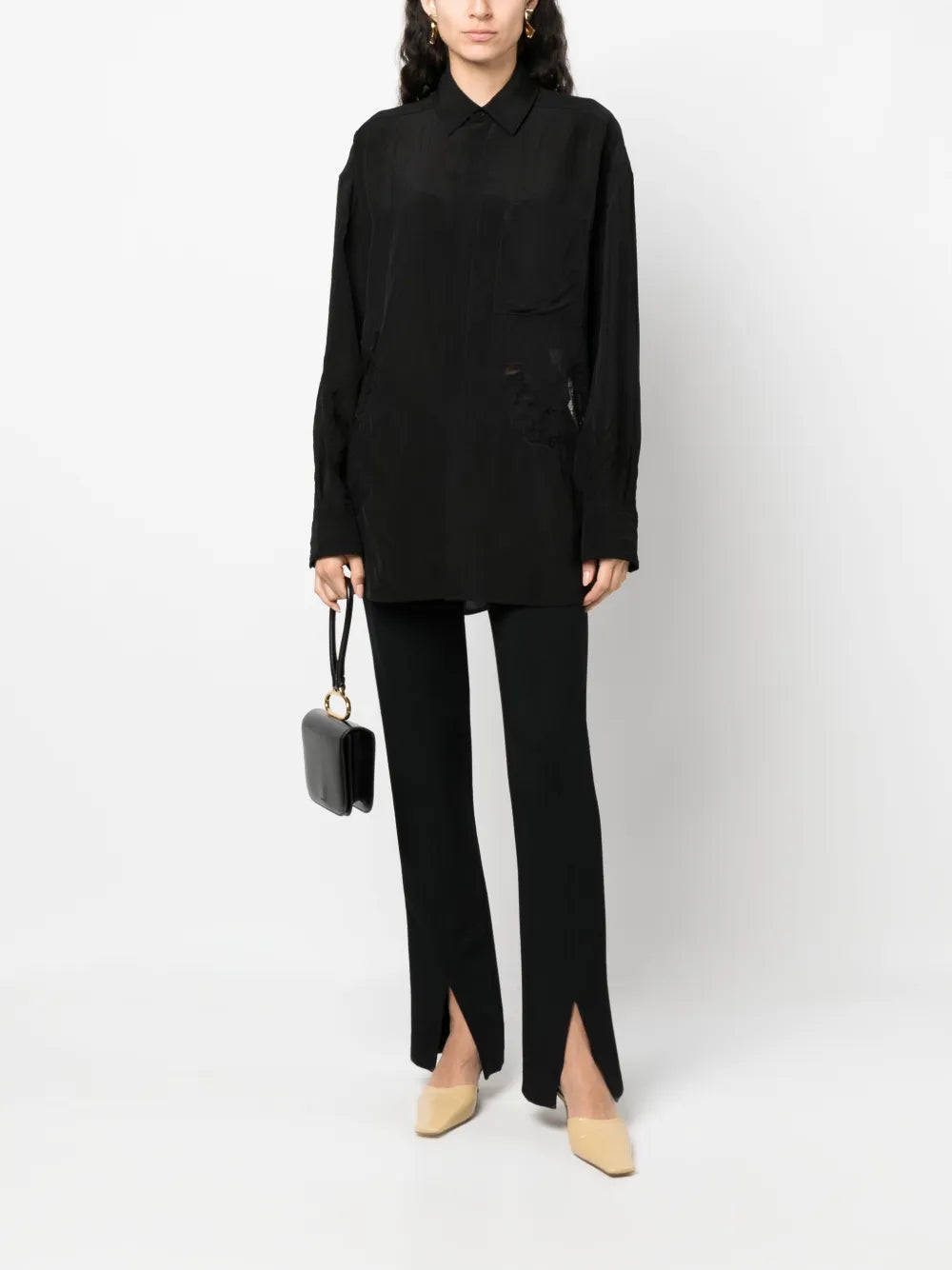 Floral Lace-Appliqué Satin-Finish Shirt