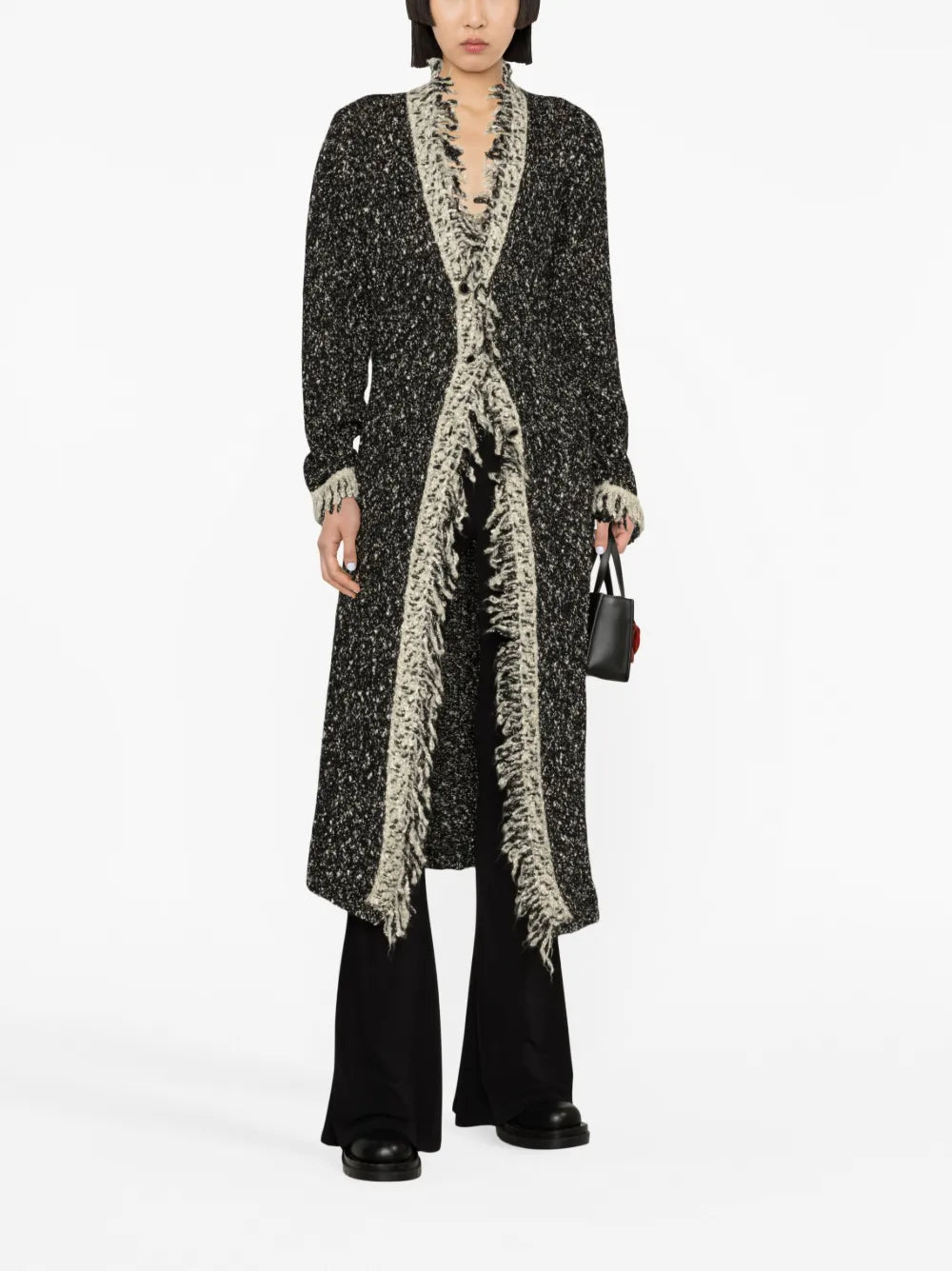 Contrast-Trim Fringed Longline Cardigan