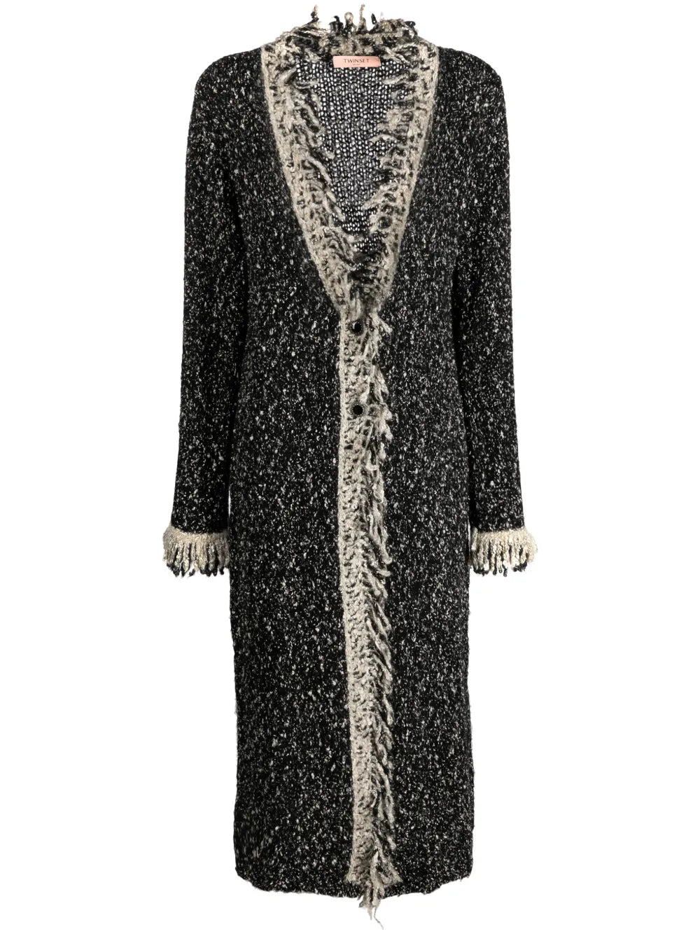 Contrast-Trim Fringed Longline Cardigan