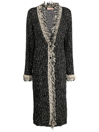 Contrast-Trim Fringed Longline Cardigan