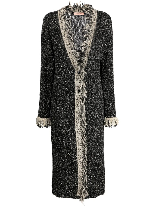 Contrast-Trim Fringed Longline Cardigan