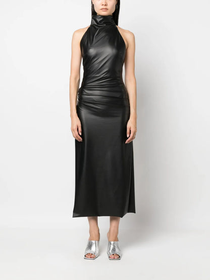 Faux-Leather Halterneck Midi Dress