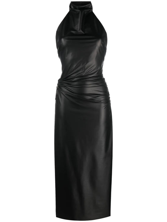 Faux-Leather Halterneck Midi Dress