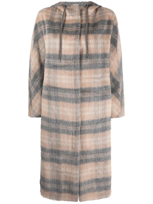Brushed Plaid-Check Hooded Coat