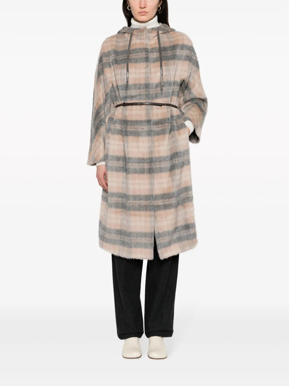 Brushed Plaid-Check Hooded Coat