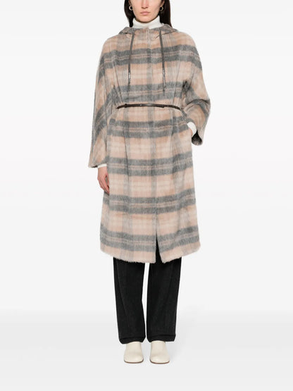 Brushed Plaid-Check Hooded Coat