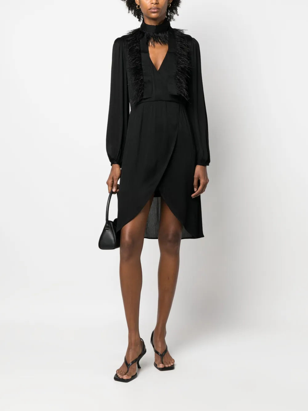 Feather-Trim Long-Sleeve Dress