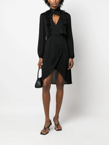 Feather-Trim Long-Sleeve Dress