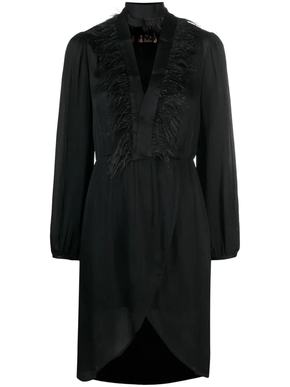 Feather-Trim Long-Sleeve Dress