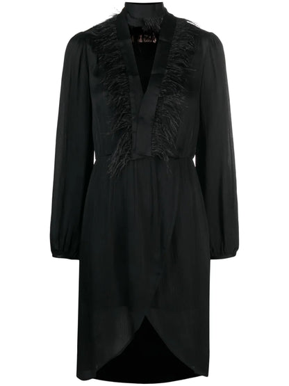 Feather-Trim Long-Sleeve Dress