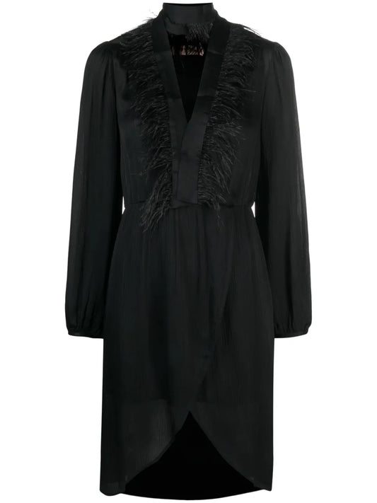 Feather-Trim Long-Sleeve Dress