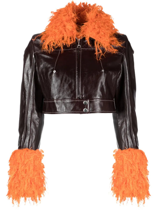 Feather-Trim Cropped Leather Jacket