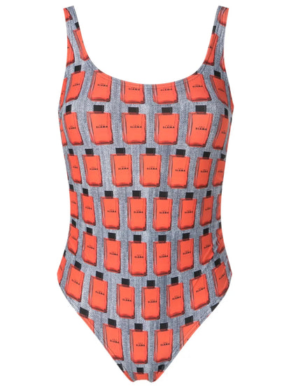 Illustration-Print Open-Back Swimsuit