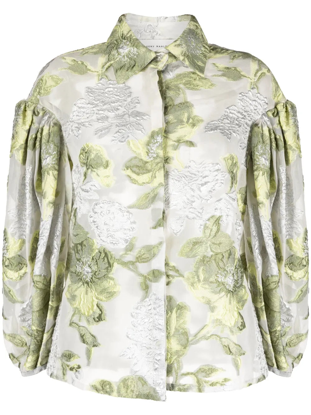 Floral-Jacquard Puff-Sleeve Organza Blouse