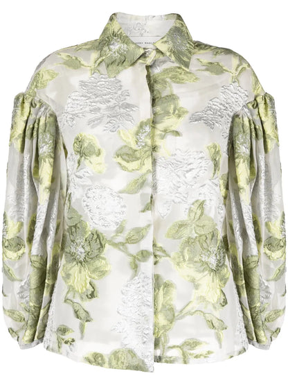 Floral-Jacquard Puff-Sleeve Organza Blouse
