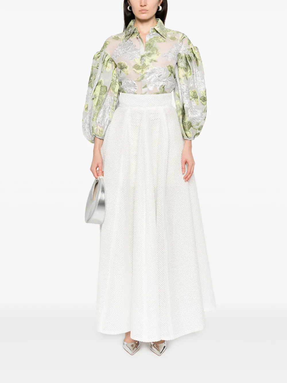 Floral-Jacquard Puff-Sleeve Organza Blouse
