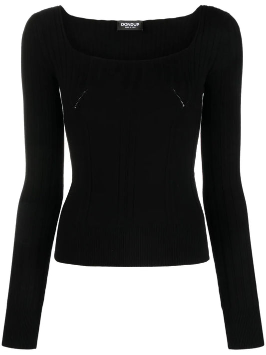 Panelled Ribbed-Knit Long-Sleeve Top