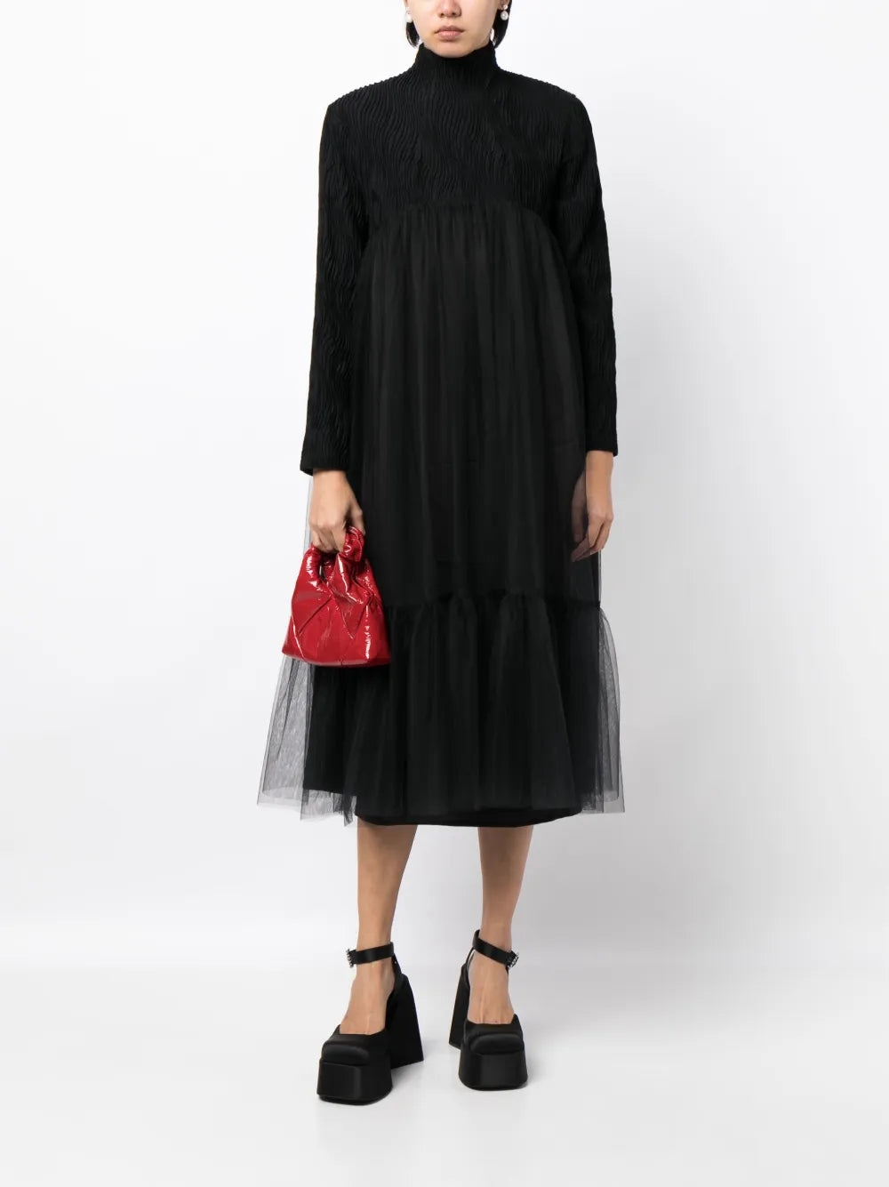 High-Neck Tulle-Overlay Midi Dress