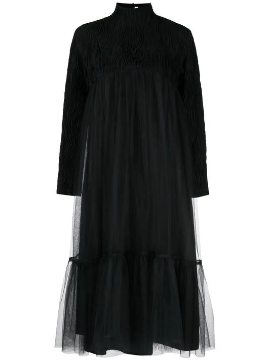 High-Neck Tulle-Overlay Midi Dress