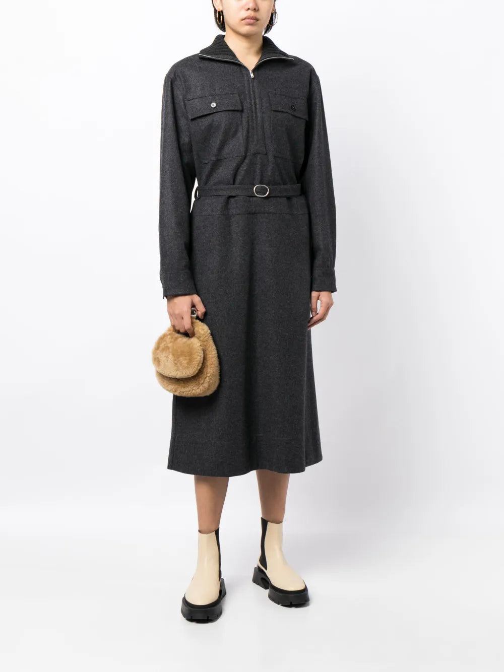 Long-Sleeve Belted Midi Shirtdress